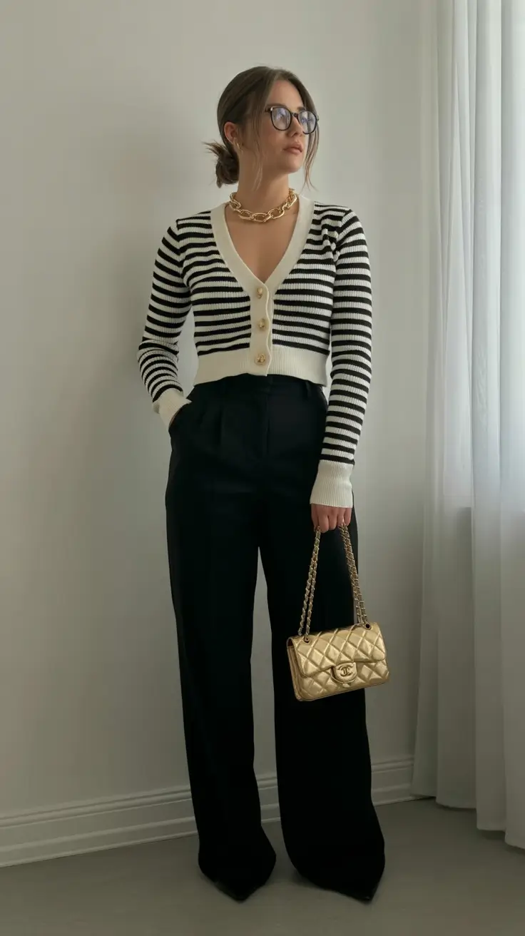 cold spring outfits 2026 Striped Chic With Golden Accents