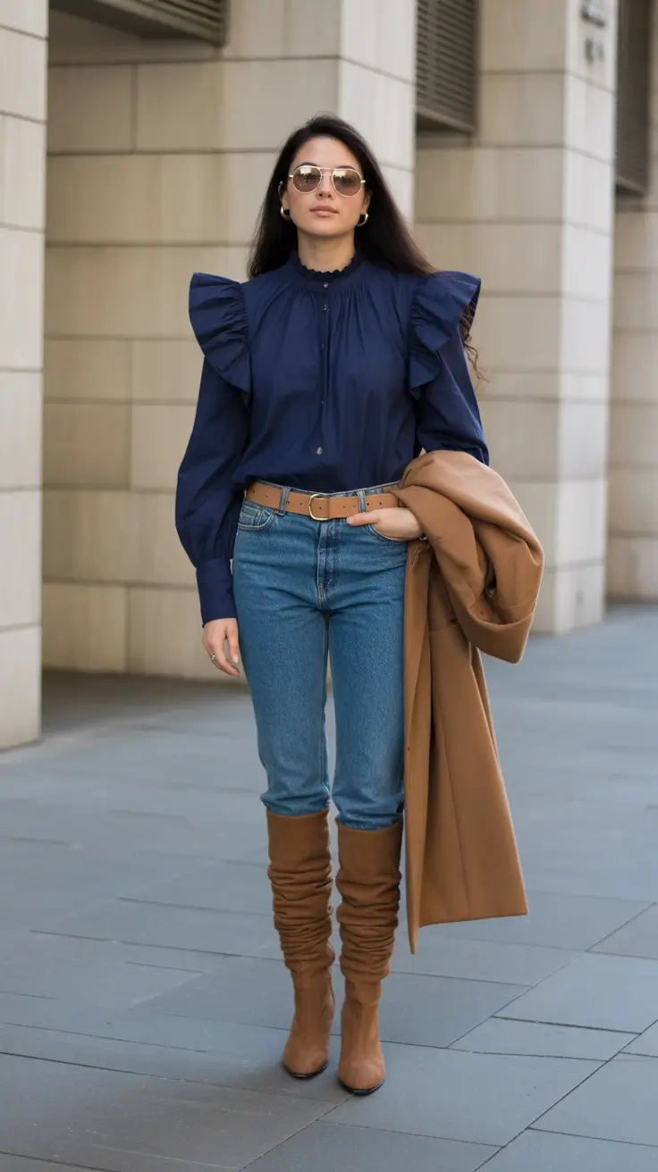 cold spring outfits 2026 Structured Navy Romance for Cold Spring Evenings