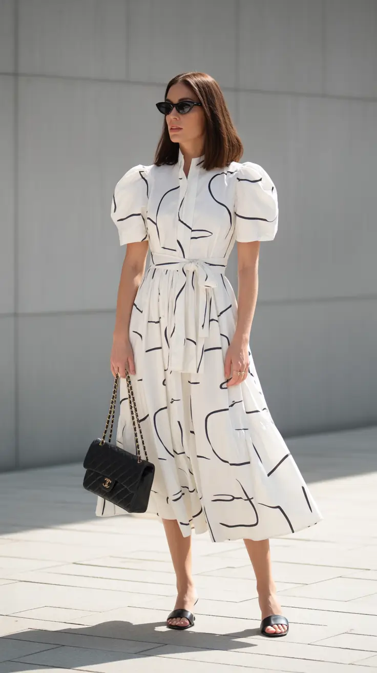 spring dress outfits 2026 Black-and-White Lines with Sculptural Sleeves