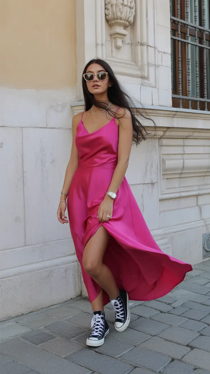 spring dress outfits 2026 Hot Pink Satin with a Sporty Twist