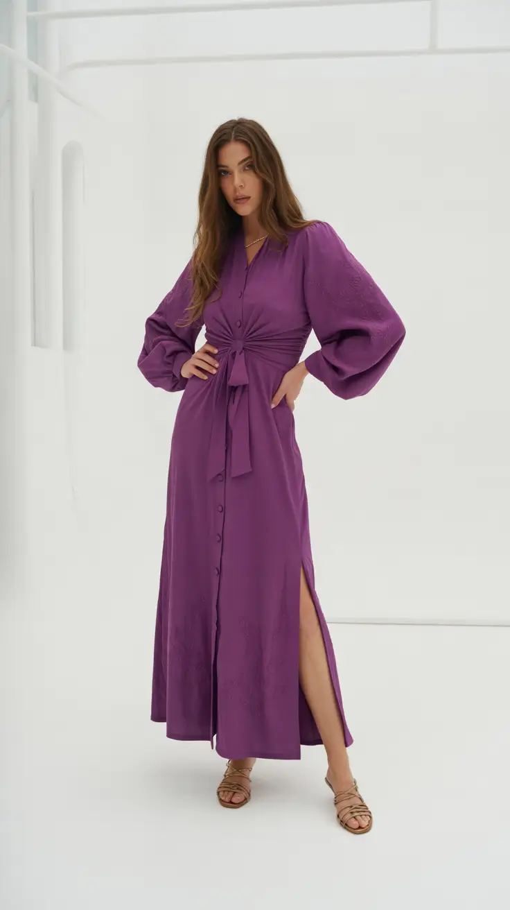 spring dress outfits 2026 Elegant Purple Maxi for a Graceful Spring Transition