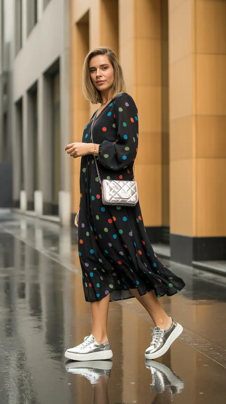 spring dress outfits 2026 Playful Polka Dots with Sporty Metallic Accents