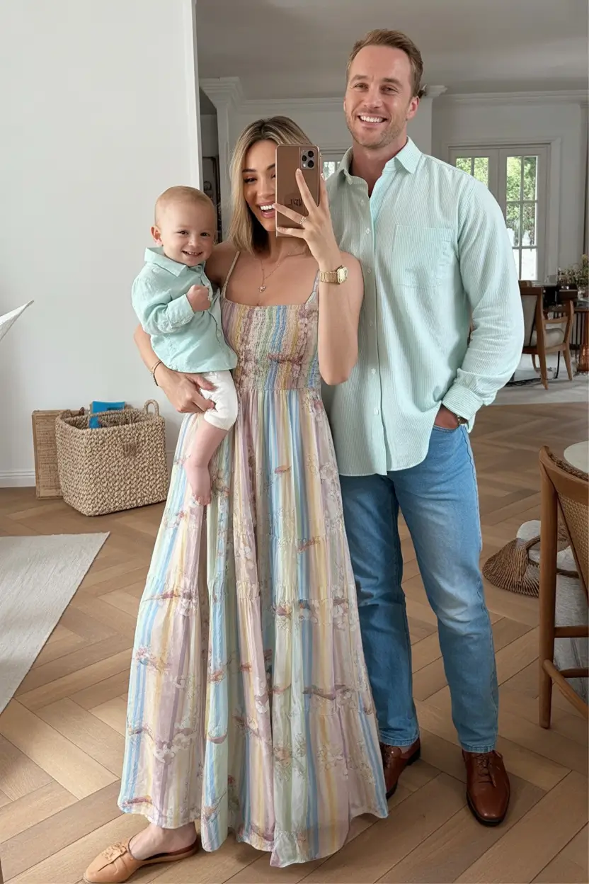 classy spring family pictures outfits 2026 Pastel Harmony for a Soft Indoor Spring Look
