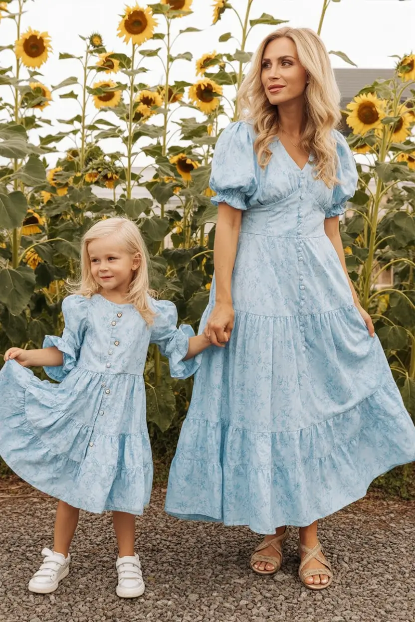 classy spring family pictures outfits 2026 Blue Blossoms and Playful Matching Moments