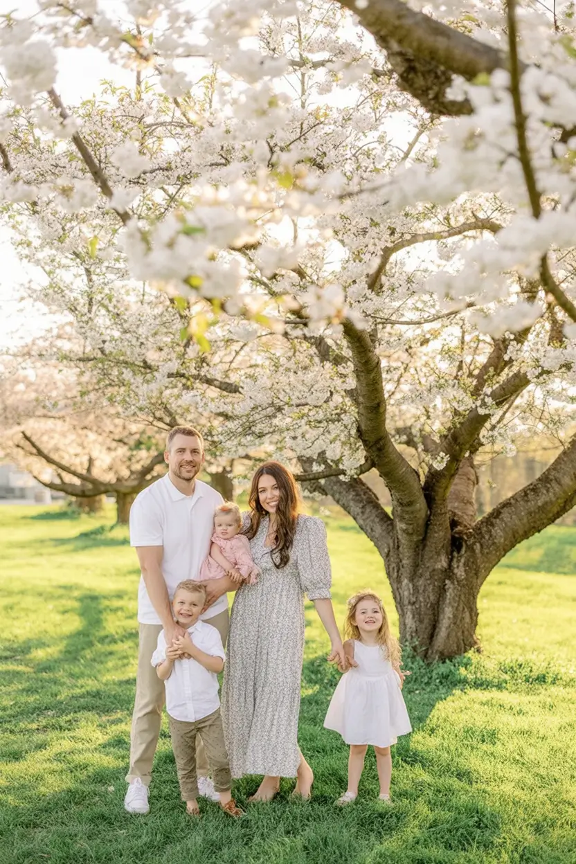 classy spring family pictures outfits 2026 Soft Florals Under Spring Blossoms