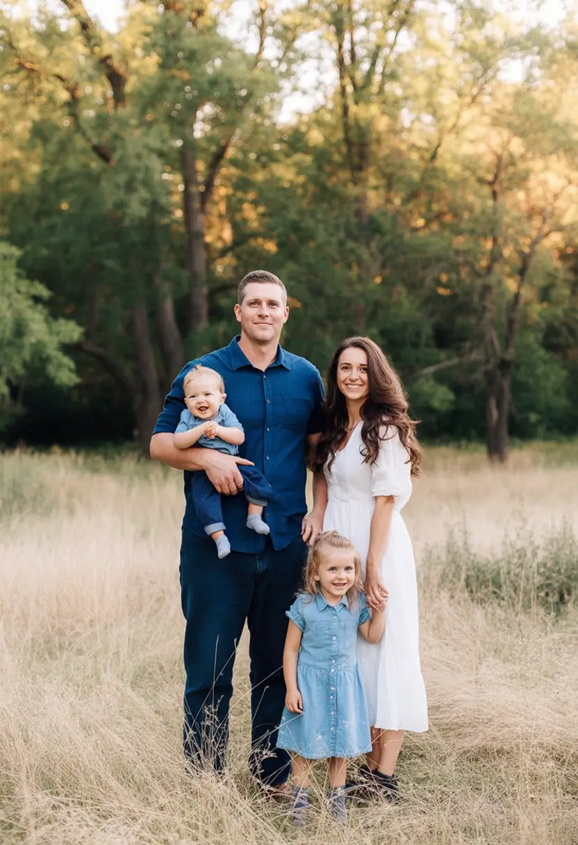 classy spring family pictures outfits 2026 Blue Harmony in a Meadow Setting