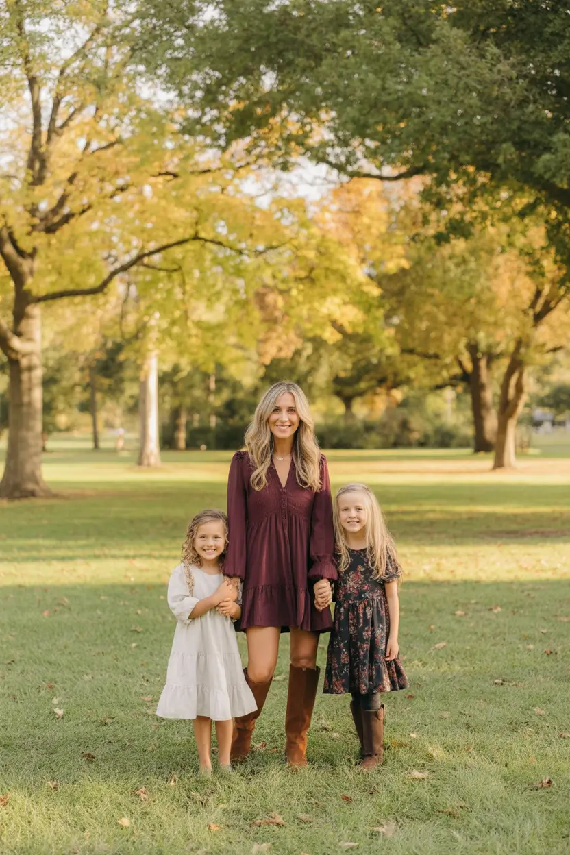 classy spring family pictures outfits 2026 Burgundy Warmth for Transitional Spring Days