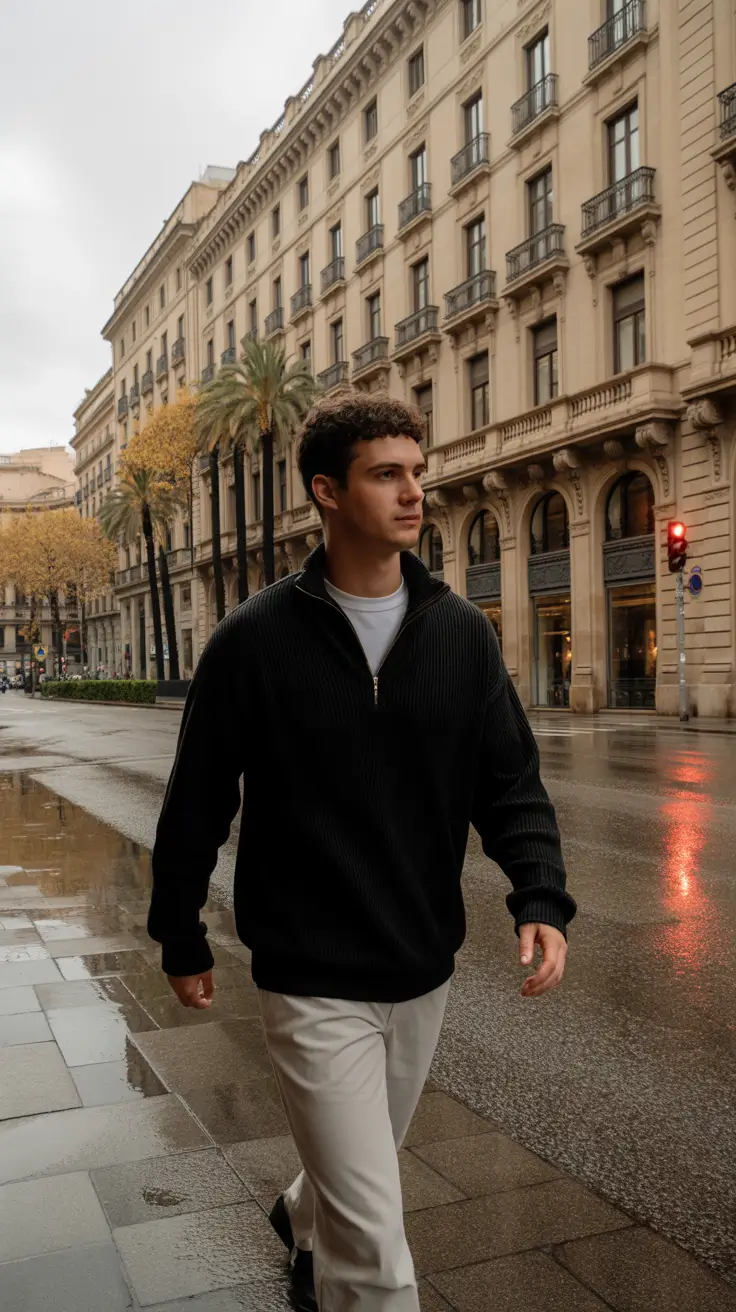 spring outfits men 2026 Urban Minimalism on a Moody Spring Day