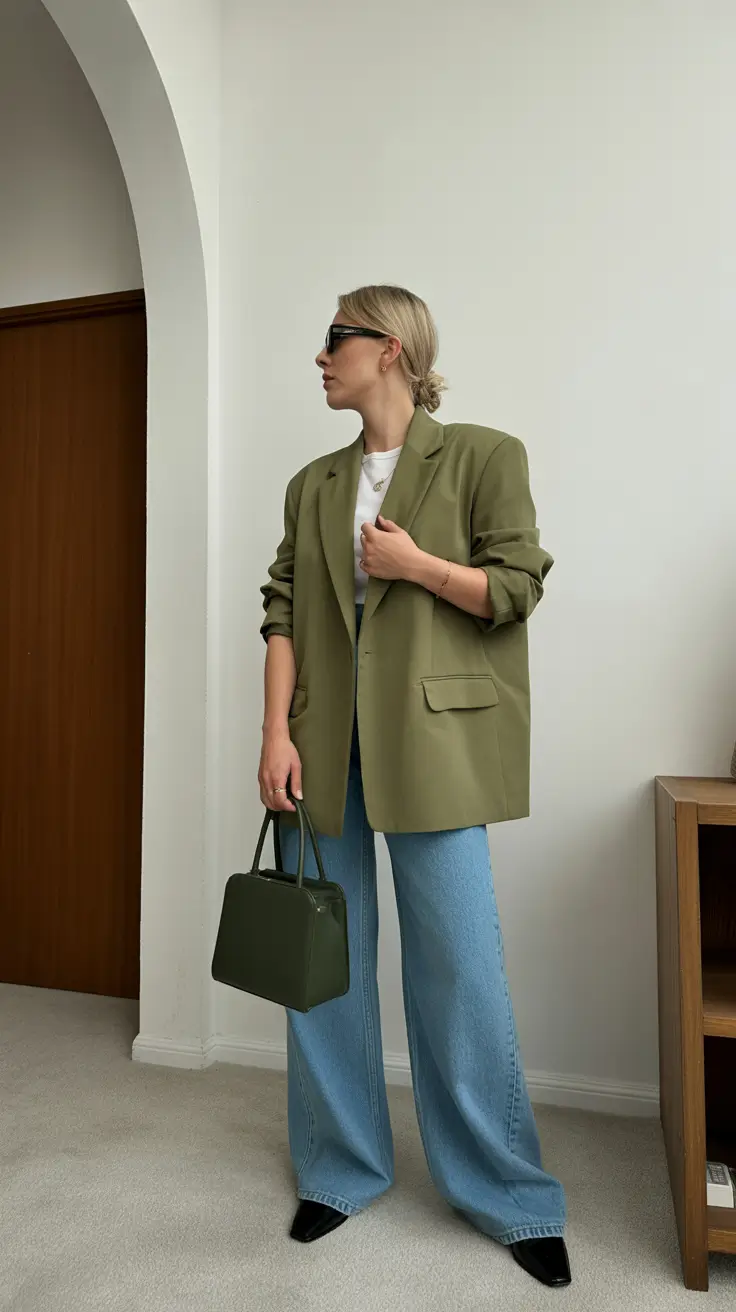 classy spring outfits for work 2026 Earthy Green Tailoring with Relaxed Denim Ease