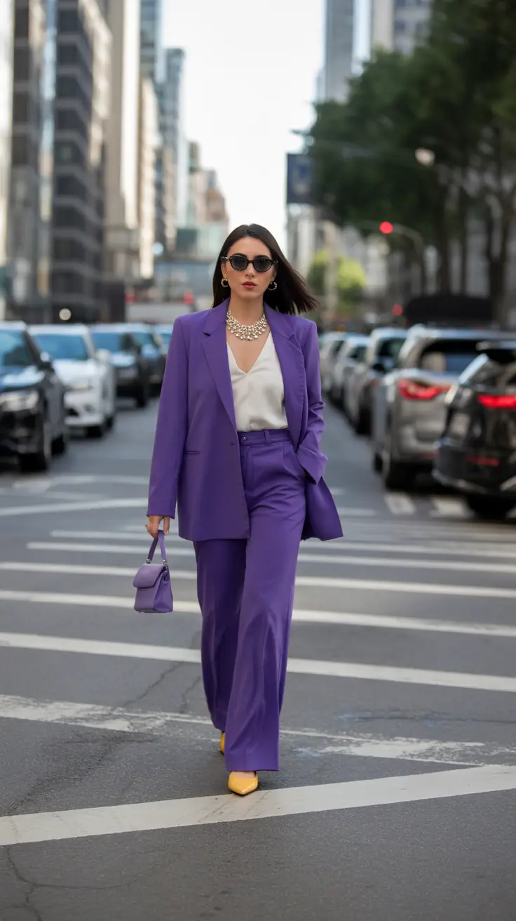 classy spring outfits for work 2026 Vibrant Purple Suiting with Bold Accessories