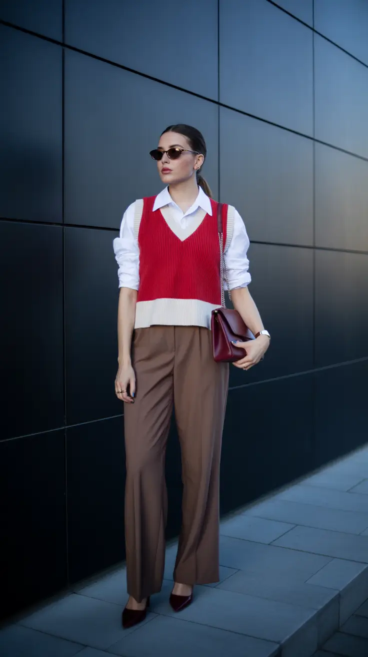 classy spring outfits for work 2026 Red Knit Layers with Tailored Neutrals