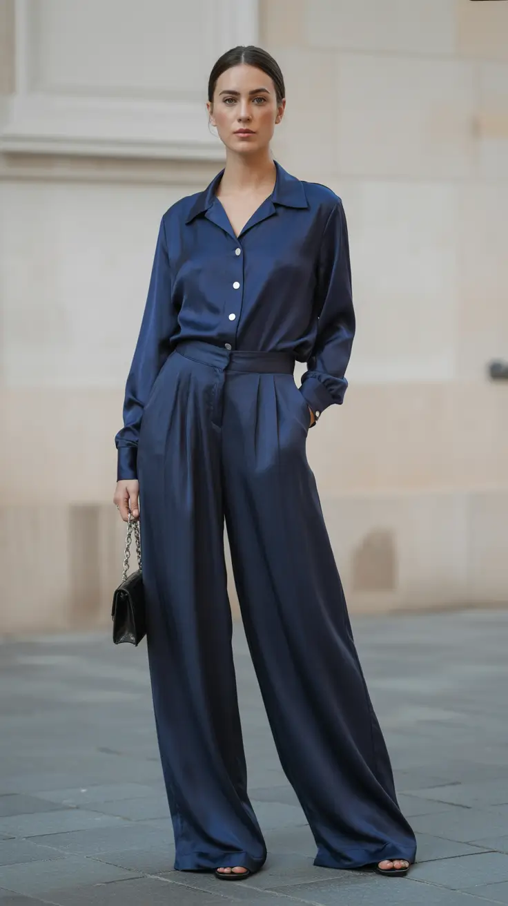 classy spring outfits for work 2026 Deep Navy Satin for Refined Spring Dressing