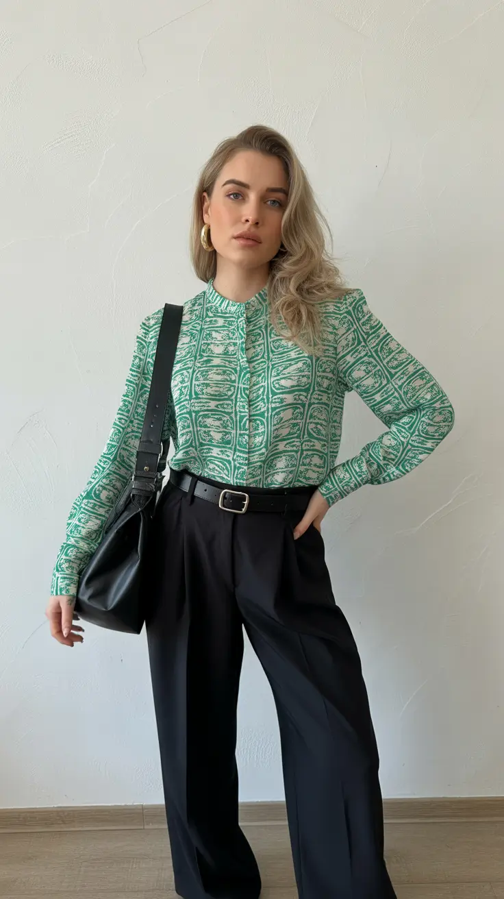 classy spring outfits for work 2026 Printed Green Blouse with Tailored Black Trousers