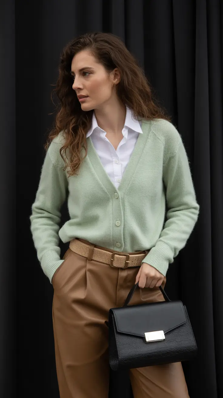 classy spring outfits for work 2026 Soft Green Cardigan with Relaxed Work Trousers