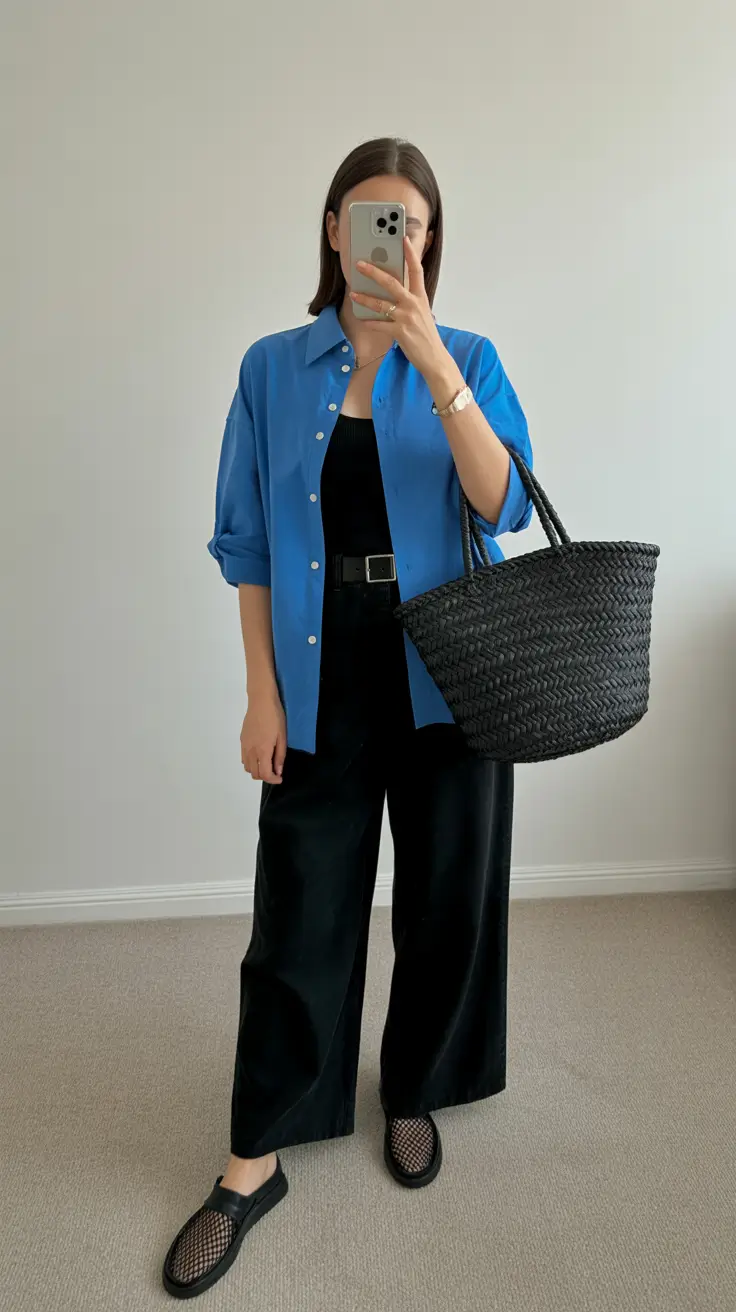classy spring outfits for work 2026 Bold Blue Shirting for Everyday Ease