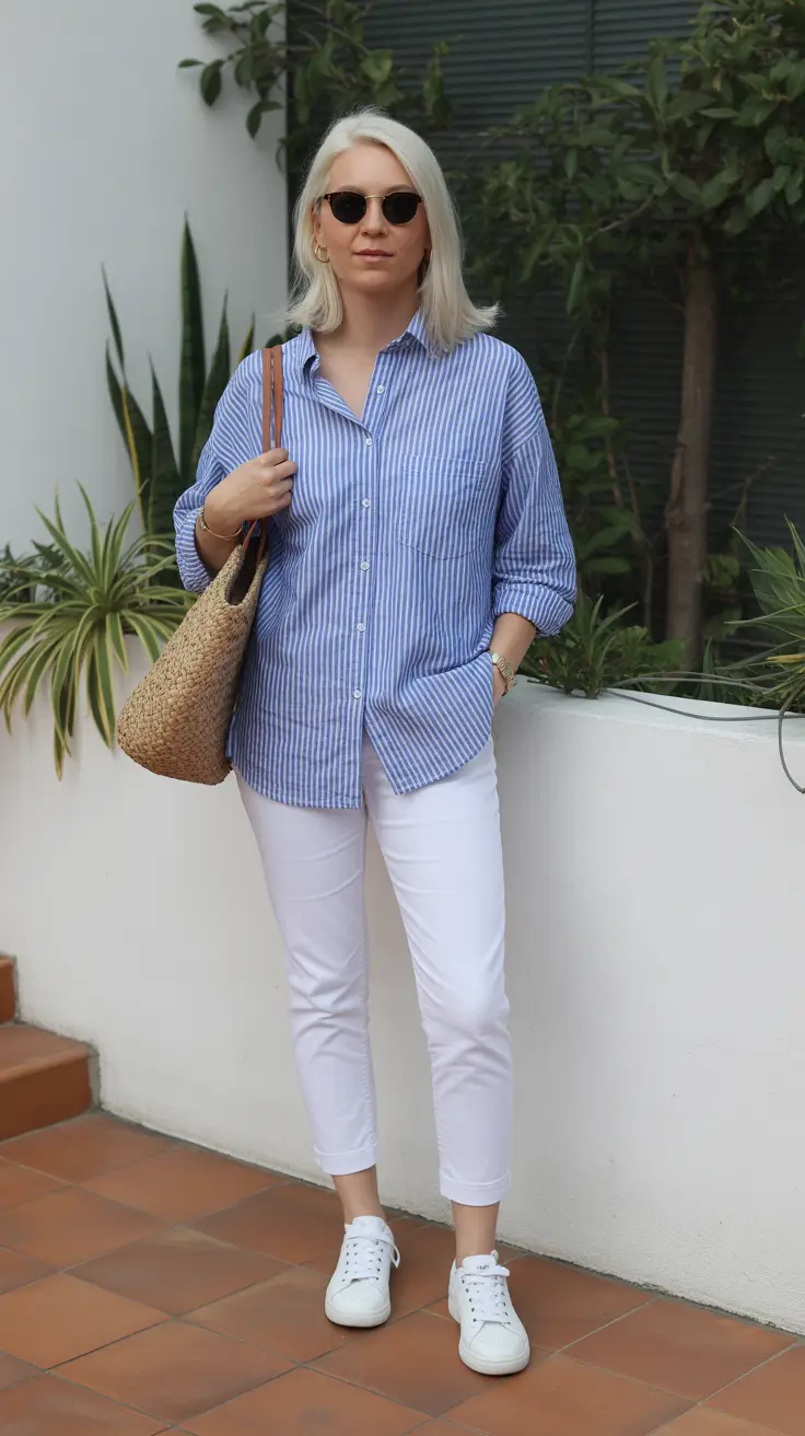 elegant spring outfits for old women 2026 Crisp Stripes and Bright Whites for Light Spring Days