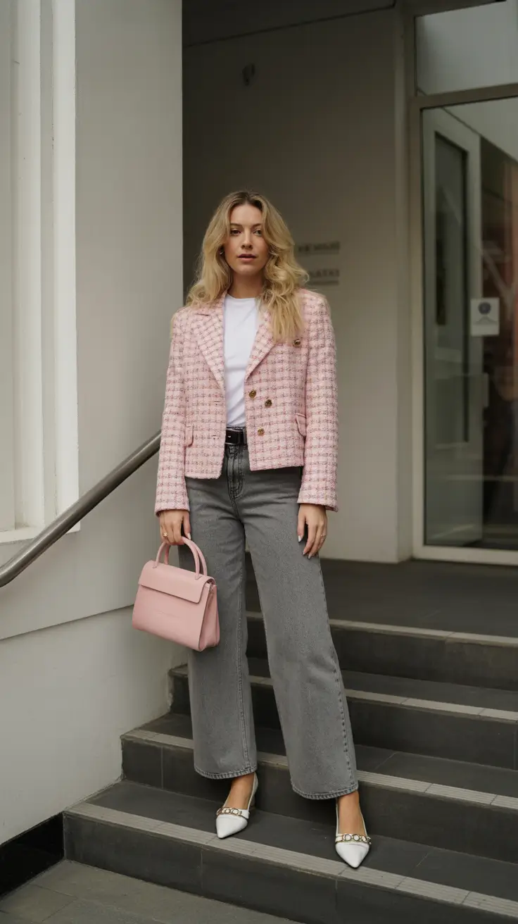 casual spring outfits 2026 Pink Tweed and Soft Grey Denim for Modern Spring Elegance