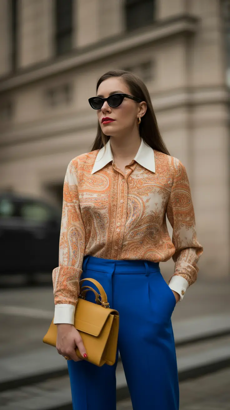 casual spring outfits 2026 Bright Blue Trousers and Vintage-Inspired Prints