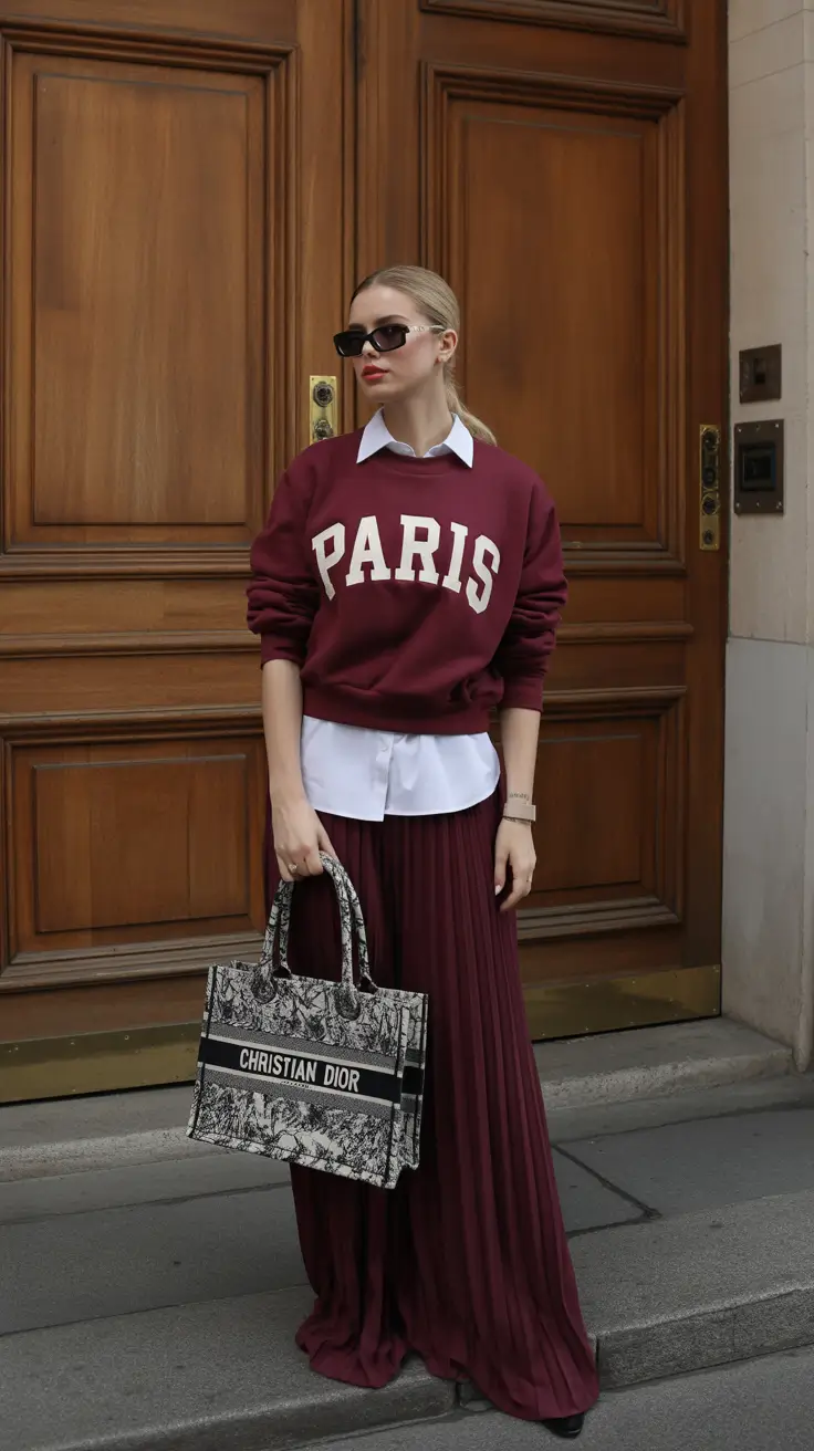 casual spring outfits 2026 Bordeaux Layers and Preppy Spring Textures