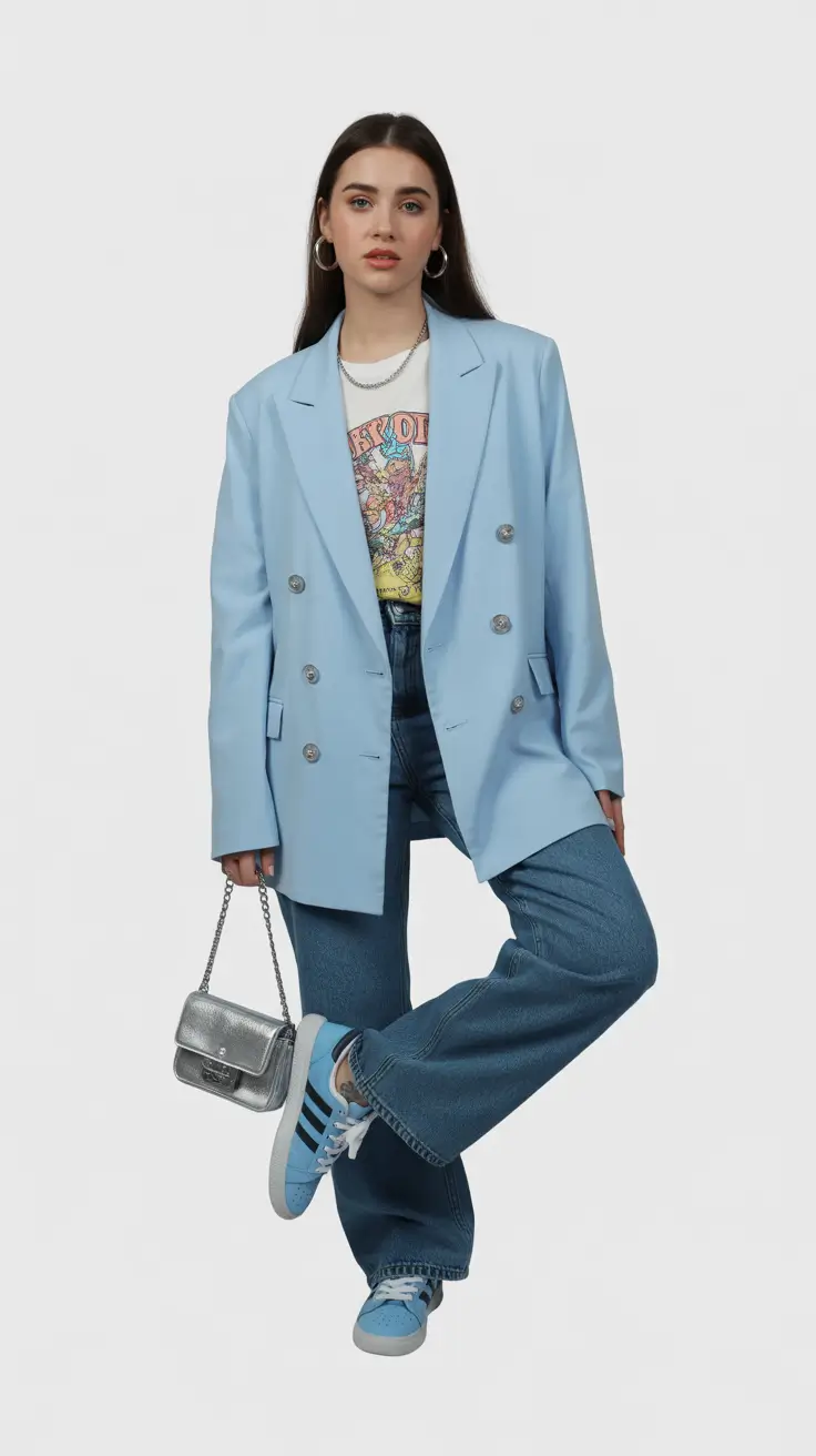 casual spring outfits 2026 Soft Blues and Graphic Layers for Everyday Ease