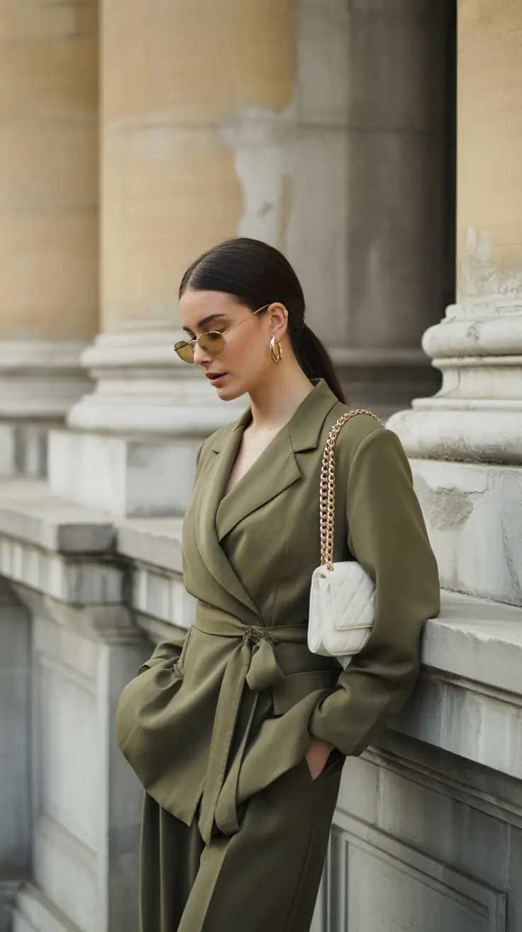 popular early spring outfits 2026+Soft-Structured Elegance in Olive