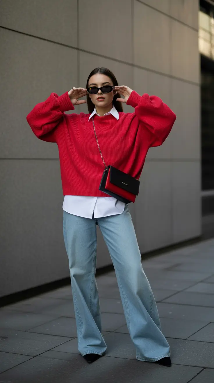 popular early spring outfits 2026+Bold Red Knit with Clean Denim Layers