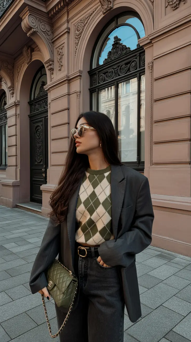 popular early spring outfits 2026+Argyle Layers and Oversized Blazers