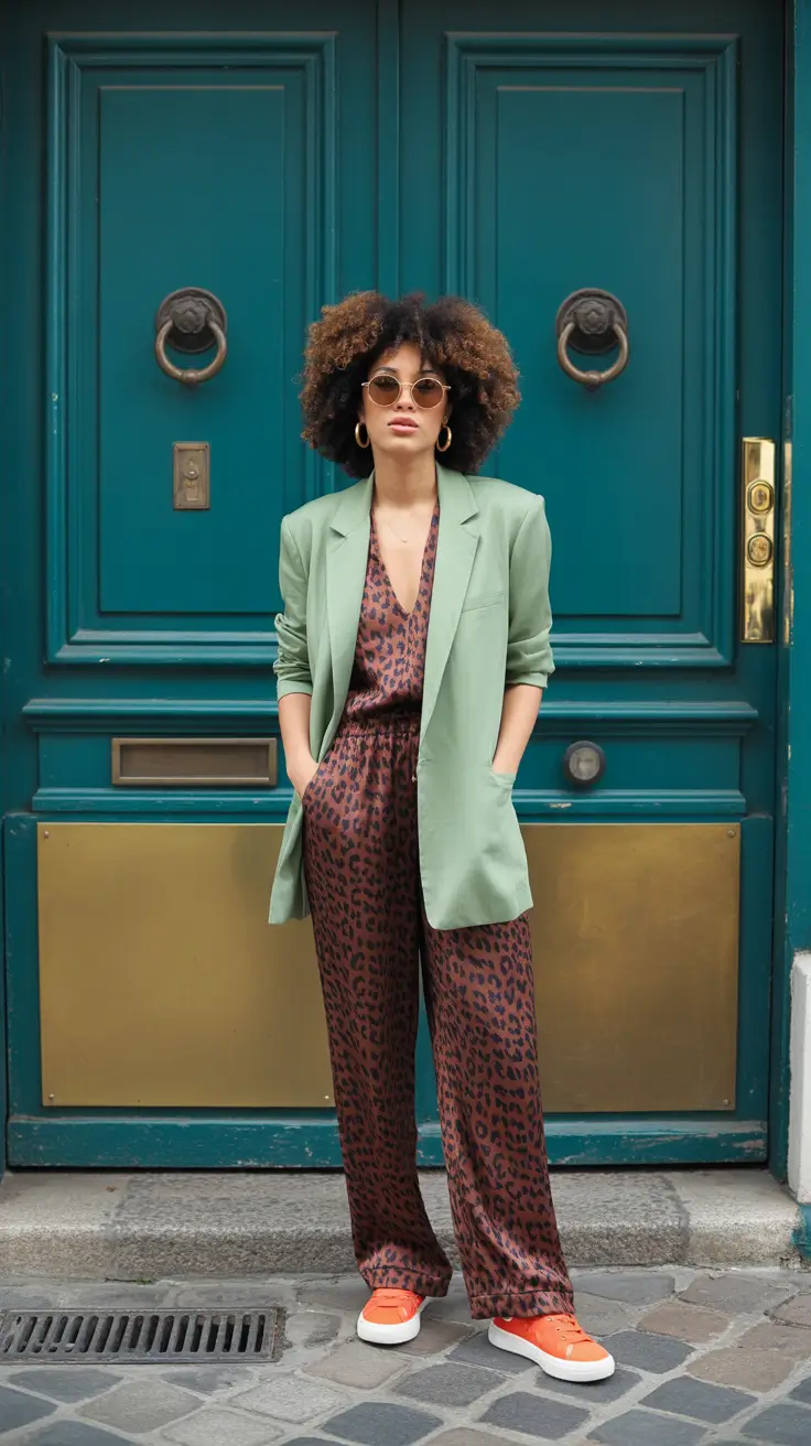 spring outfits streetwear y2k Mint Blazer Cool with Leopard Nonchalance