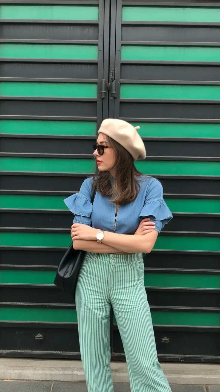 spring outfits streetwear y2k Parisian Playfulness with Stripes and Denim Ruffles