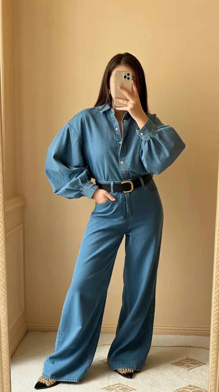 spring outfits streetwear y2k Denim on Denim with Sculpted Proportions