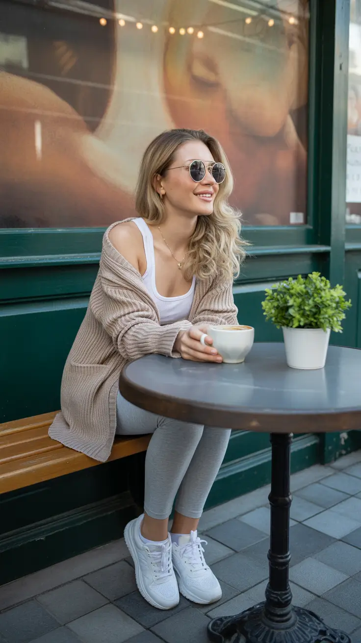 leggings outfit spring 2026 Cozy Café Layers with Light Grey Comfort
