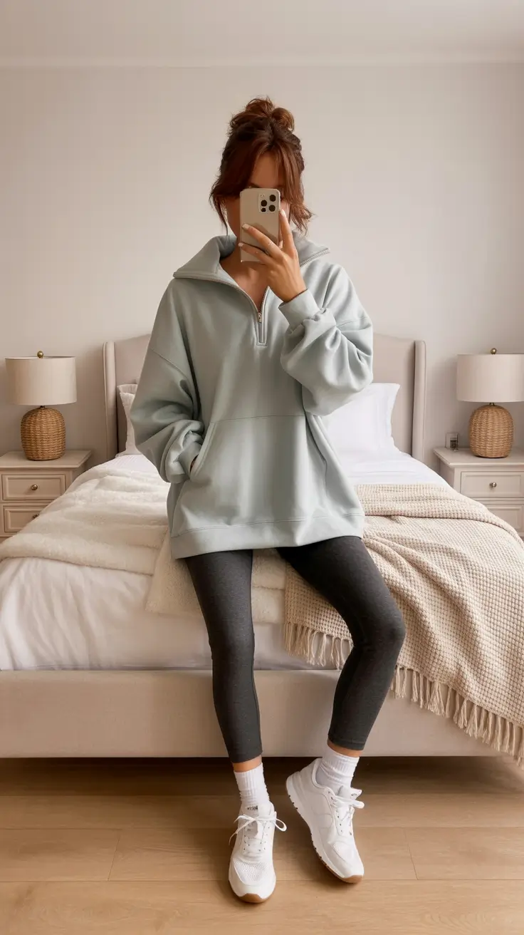 leggings outfit spring 2026 Muted Greens and Charcoal Layers for Calm Mornings