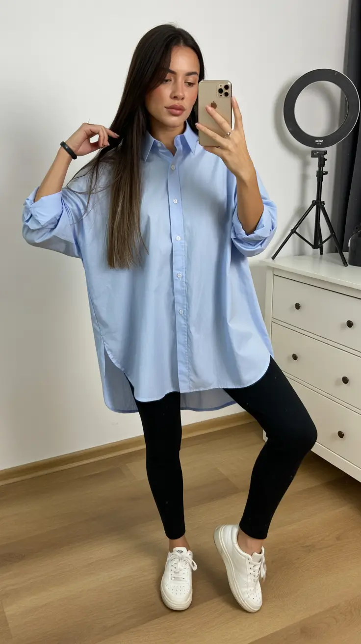 leggings outfit spring 2026 Classic Blue Shirt with Sharp Black Leggings