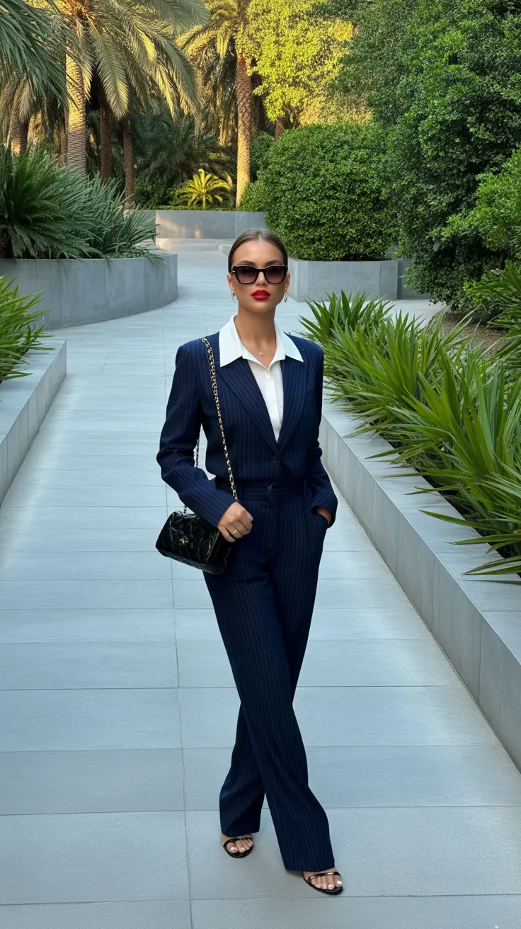 spring business casual outfits 2026 Pinstripe Precision for Classic Spring Workdays