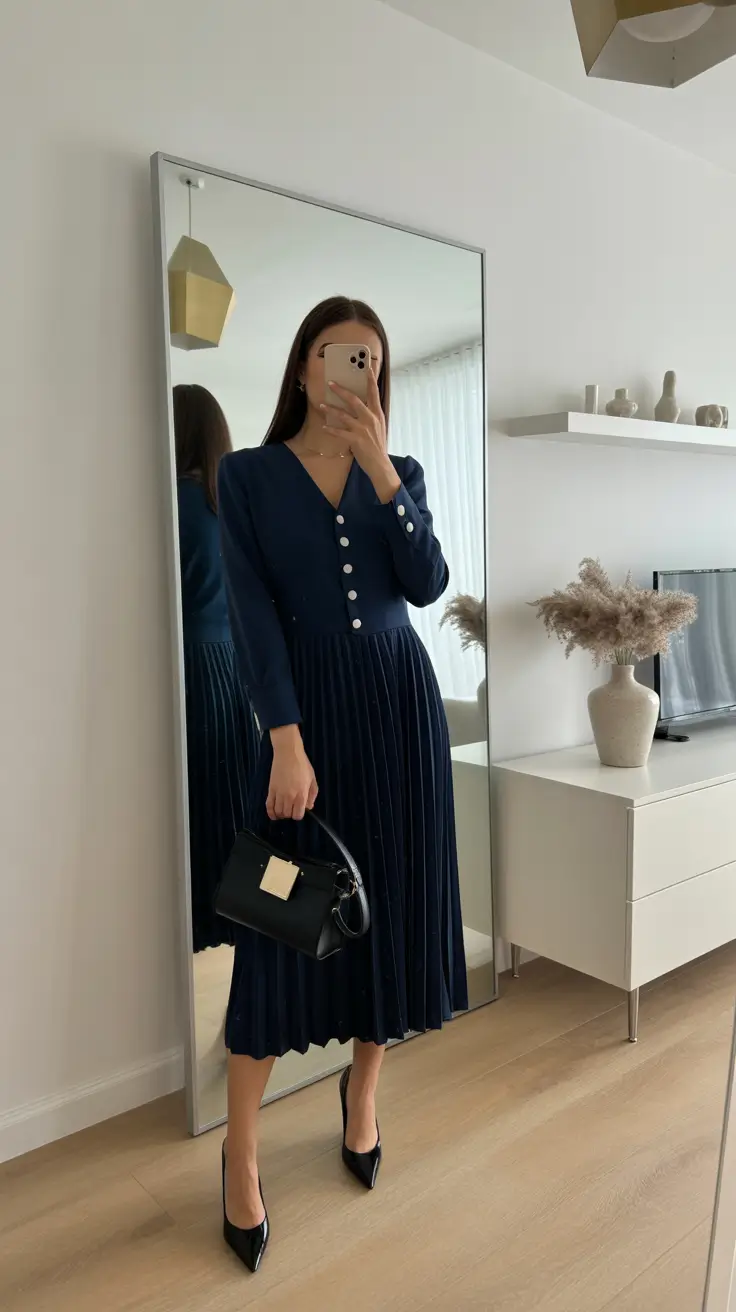 spring business casual outfits 2026 Elegant Navy Pleats with Classic Femininity