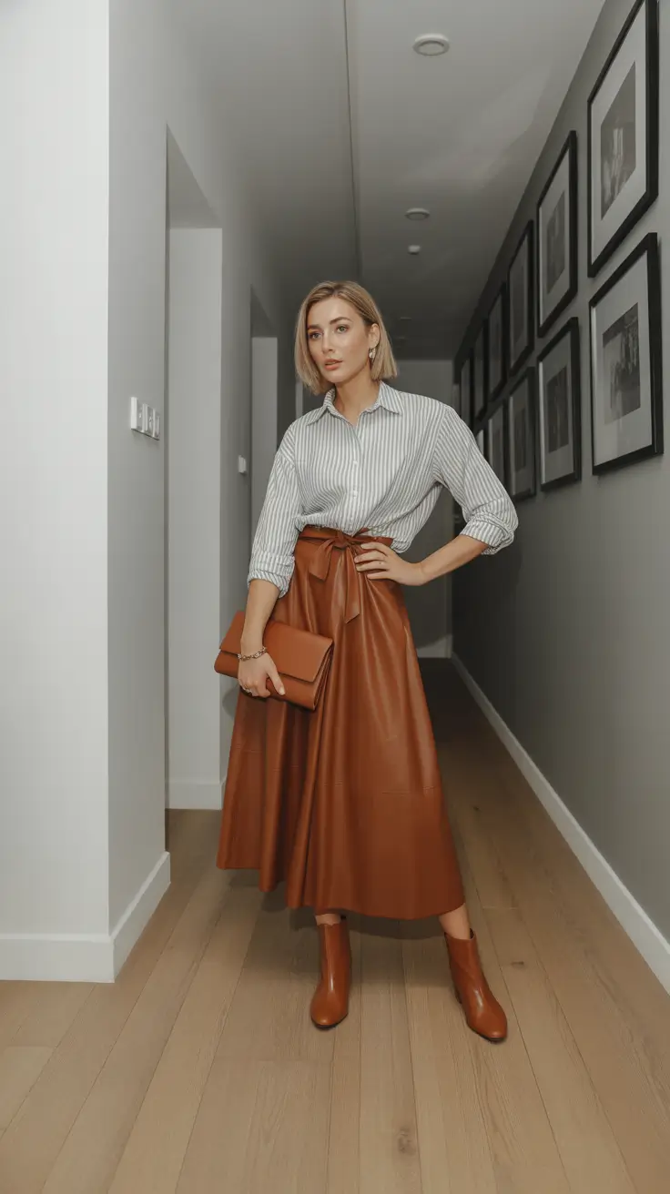 spring business casual outfits 2026 Polished Leather and Crisp Stripes