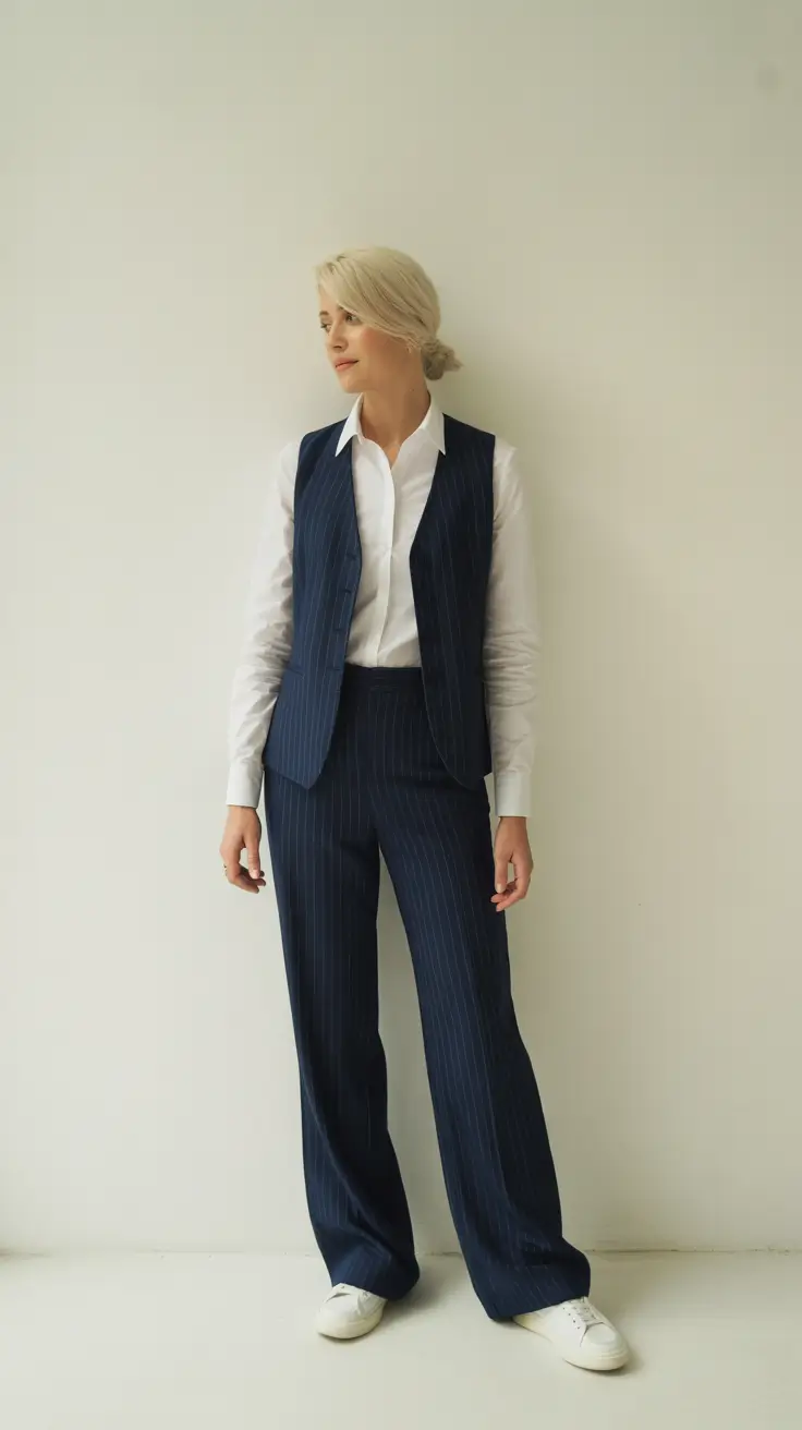 spring business casual outfits 2026 Modern Pinstripe Suiting with Sporty Ease
