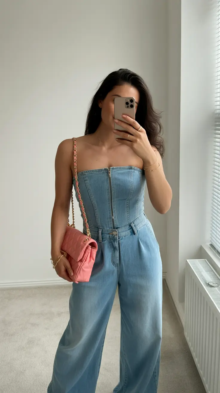 spring date night outfit 2026 Denim-on-Denim with a Spring Pop