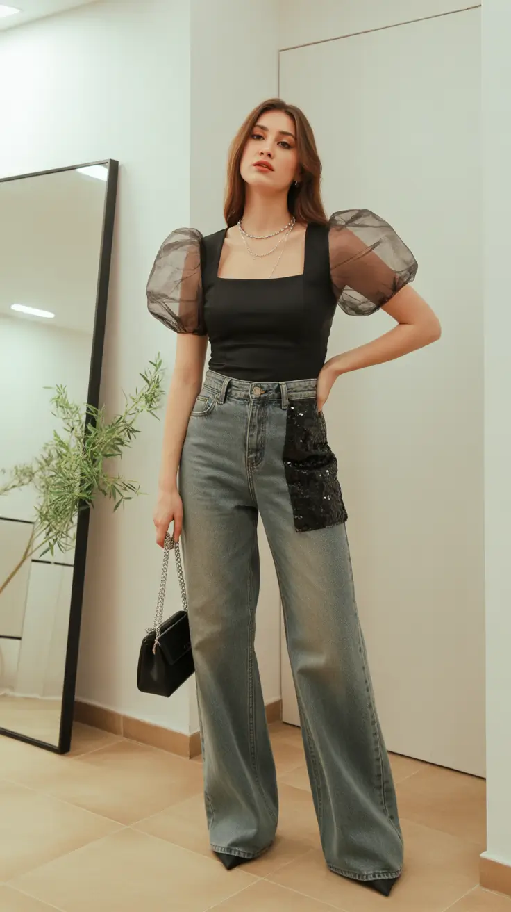 spring date night outfit 2026 Playful Textures with Casual Denim Ease