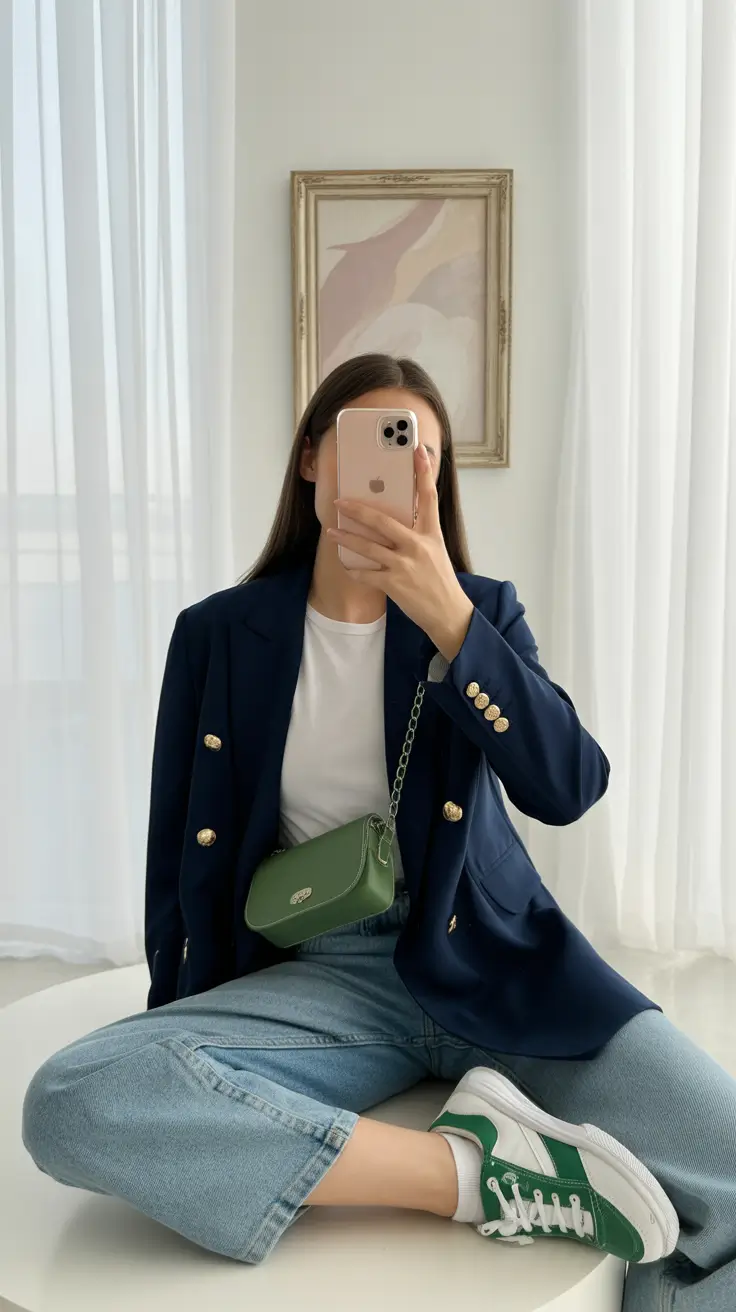 spring jeans outfit 2026 Relaxed Navy Blazer Energy