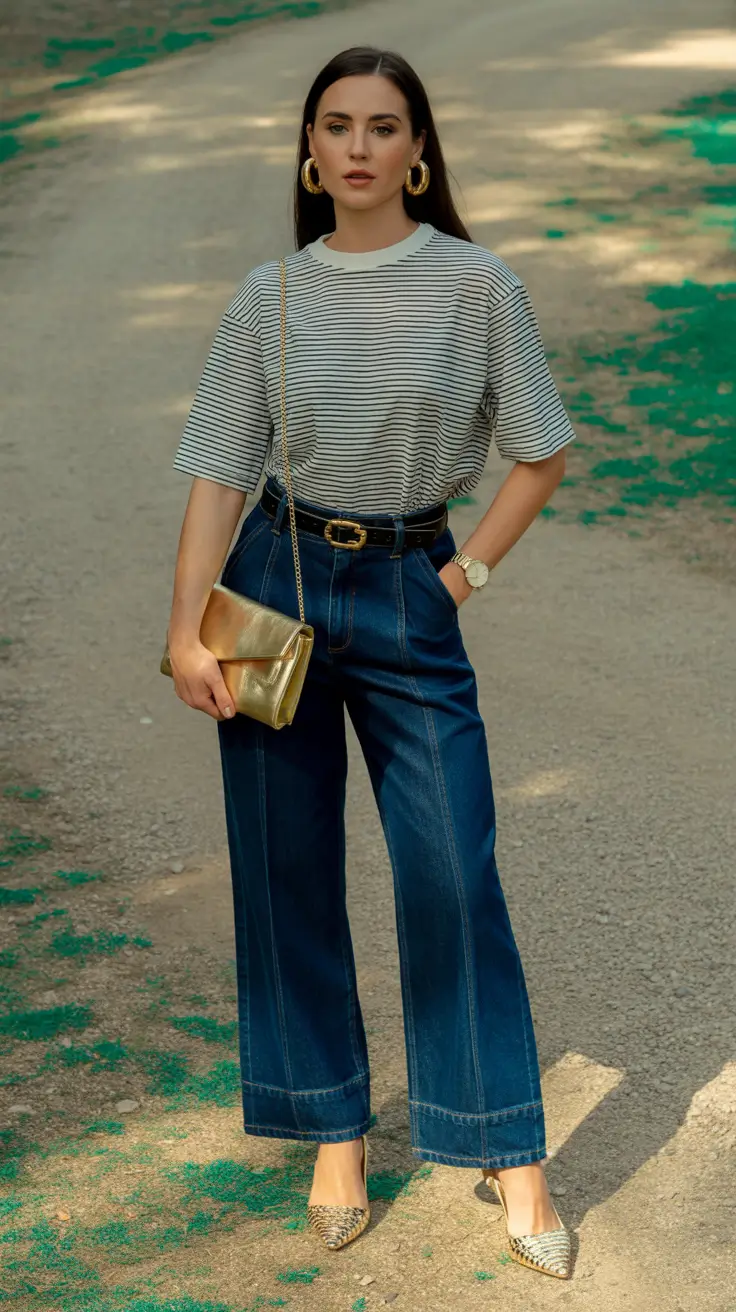 spring jeans outfit 2026 Striped Cool Tones With Deep Indigo Denim