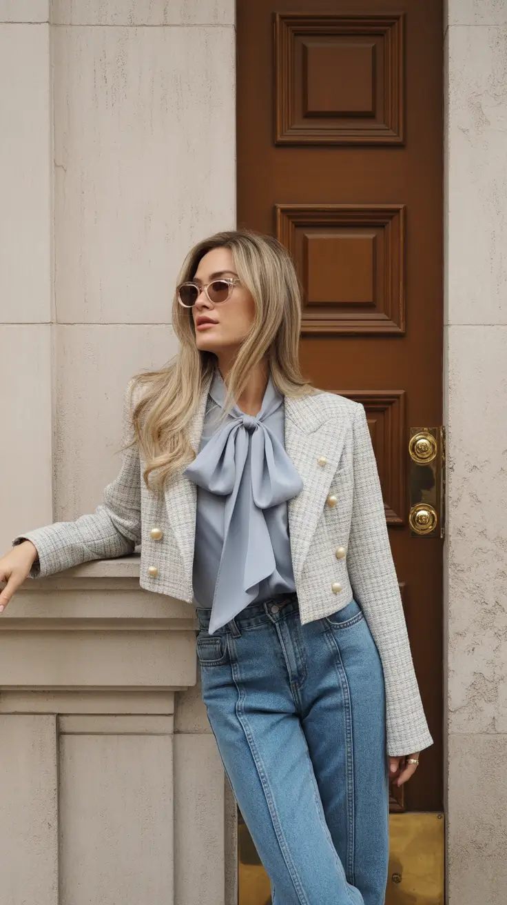 spring jeans outfit 2026 Soft Blue Elegance With Cropped Tweed