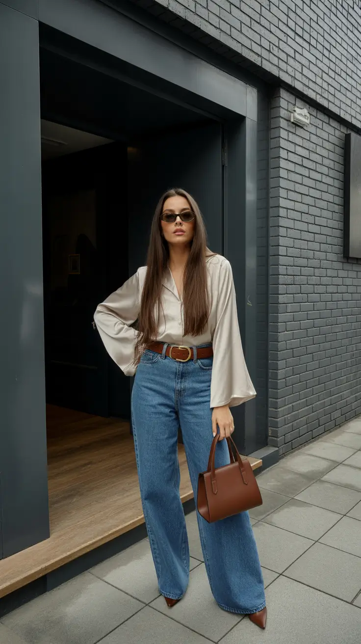 spring jeans outfit 2026 Satin Calm With Structured Denim