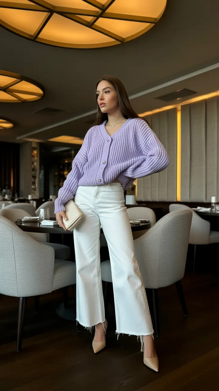 spring jeans outfit 2026 Soft Lilac Knits With Clean White Denim