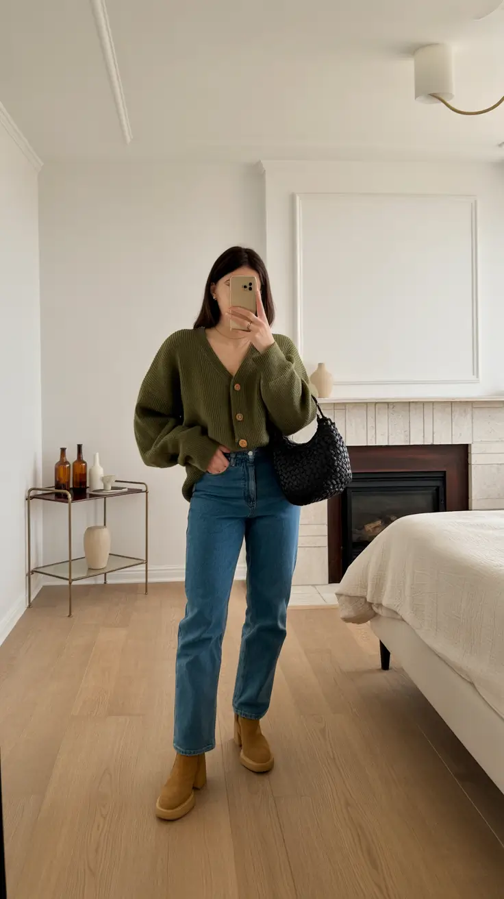 spring jeans outfit 2026 Soft Olive Knit for an Early Spring Afternoon