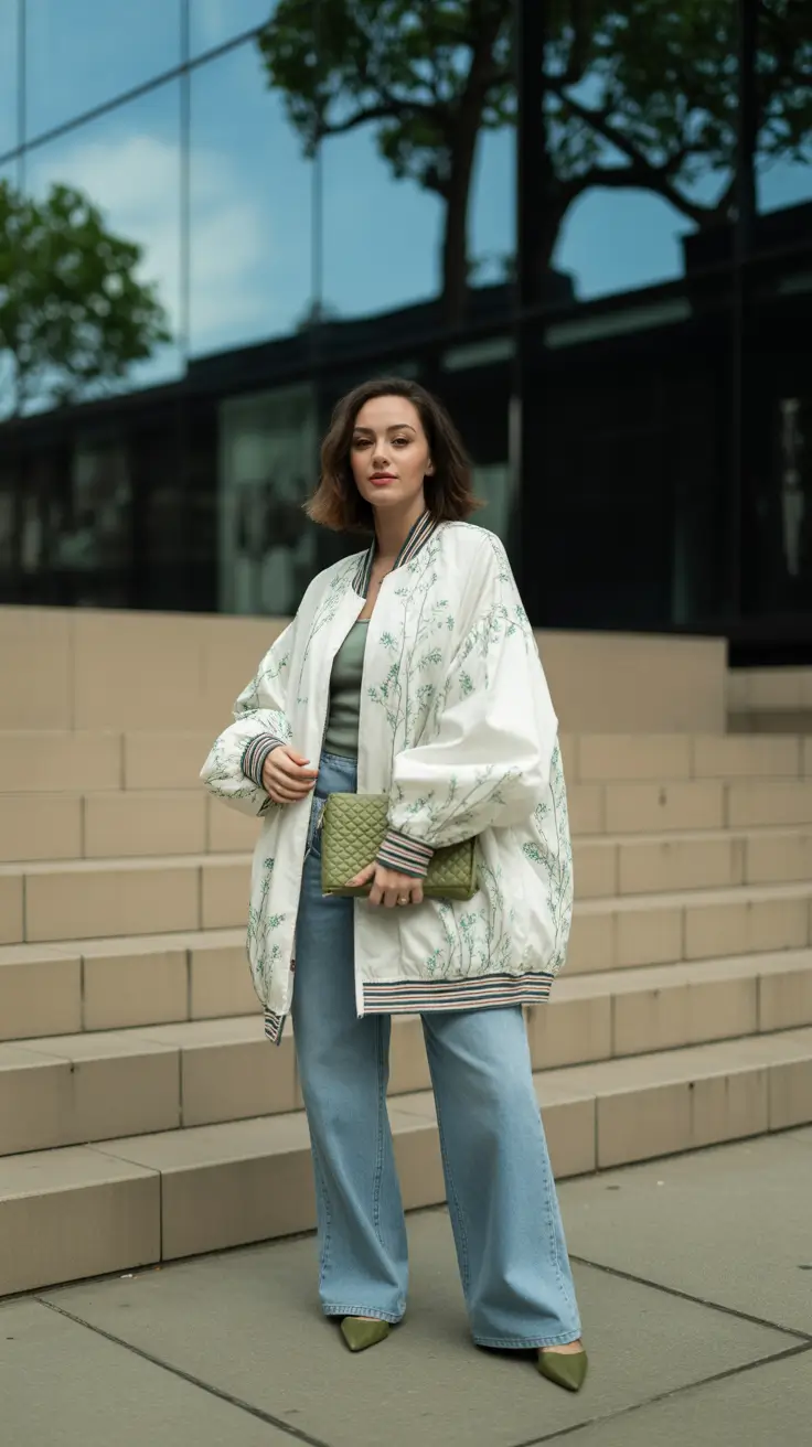 spring jeans outfit 2026 Botanical Bomber Meets Wide-Leg Denim Ease