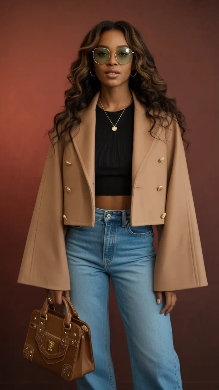spring outfits black women 2026 Cropped Camel Layers with Soft Glam Denim