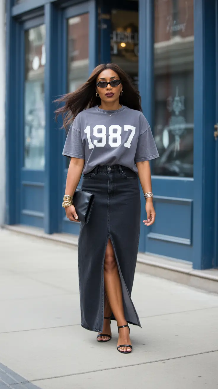 spring outfits black women 2026 Vintage Graphics with a Modern Denim Skirt