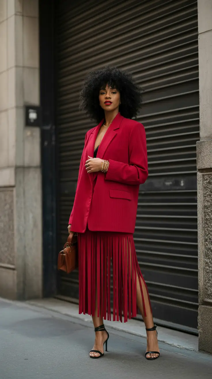 spring outfits black women 2026 Bold Red Fringes with Structured Tailoring