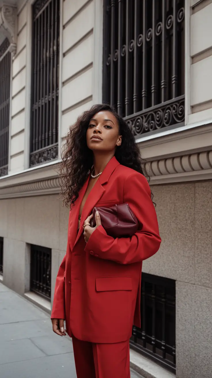 spring outfits black women 2026 Monochrome Red with Tailored Confidence